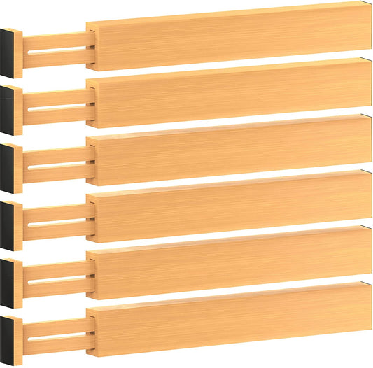 6 Pack Bamboo Drawer Dividers - 17" to 21.5" Expandable Adjustable Drawer Organizer for Kitchen Utensils, Large Kitchen Drawer Divider, Clothes, Dresser, Bedroom, Bathroom & Desk Drawer Separator Set